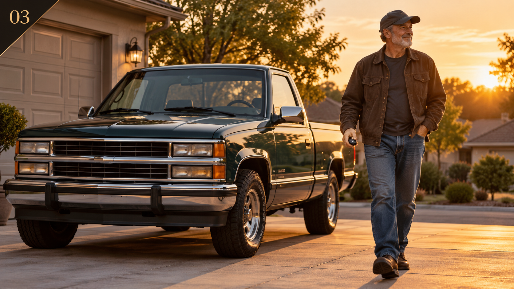 Older pickup truck owner enjoying a modern keyless daily-driver experience