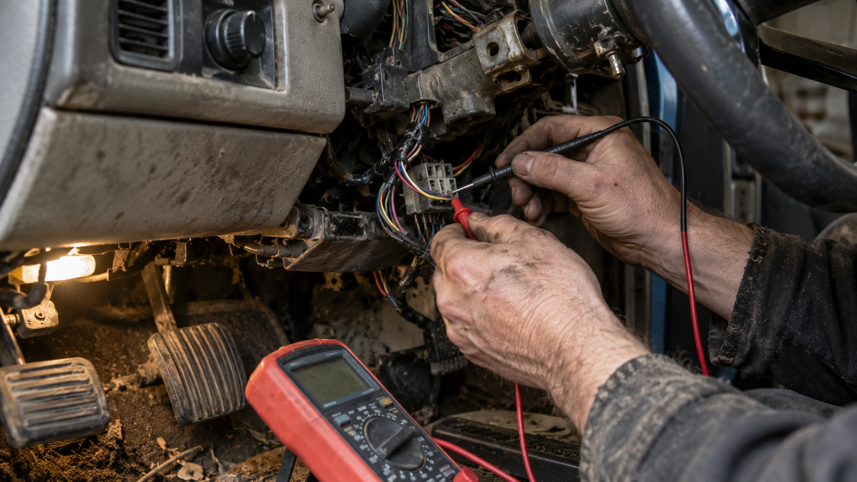 Mechanic diagnosing older truck ignition wiring with a digital multimeter
