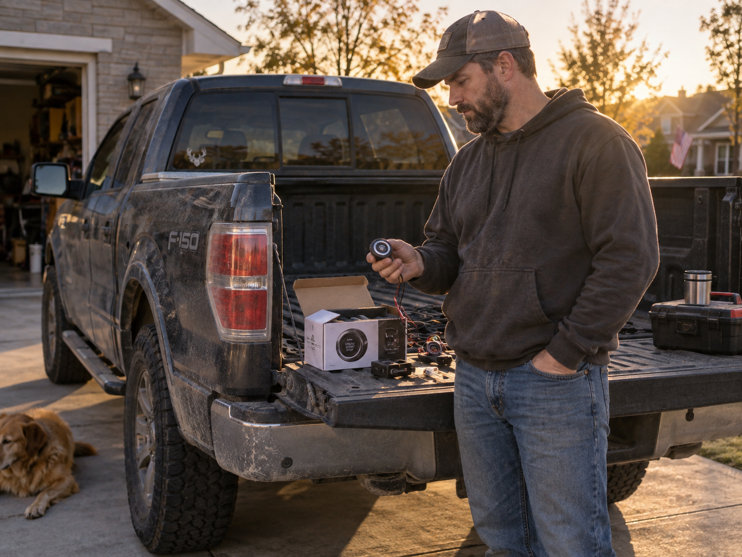 Old Ford F-150 owner preparing for a push button start upgrade in the driveway