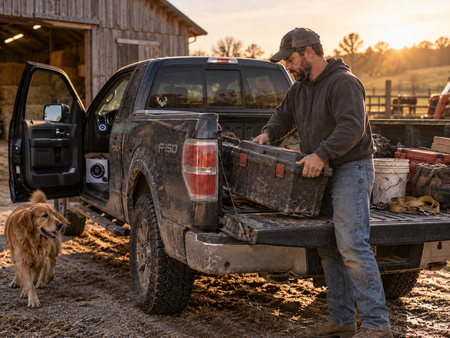 Old Ford F-150 being used at a rural worksite after a push button start upgrade