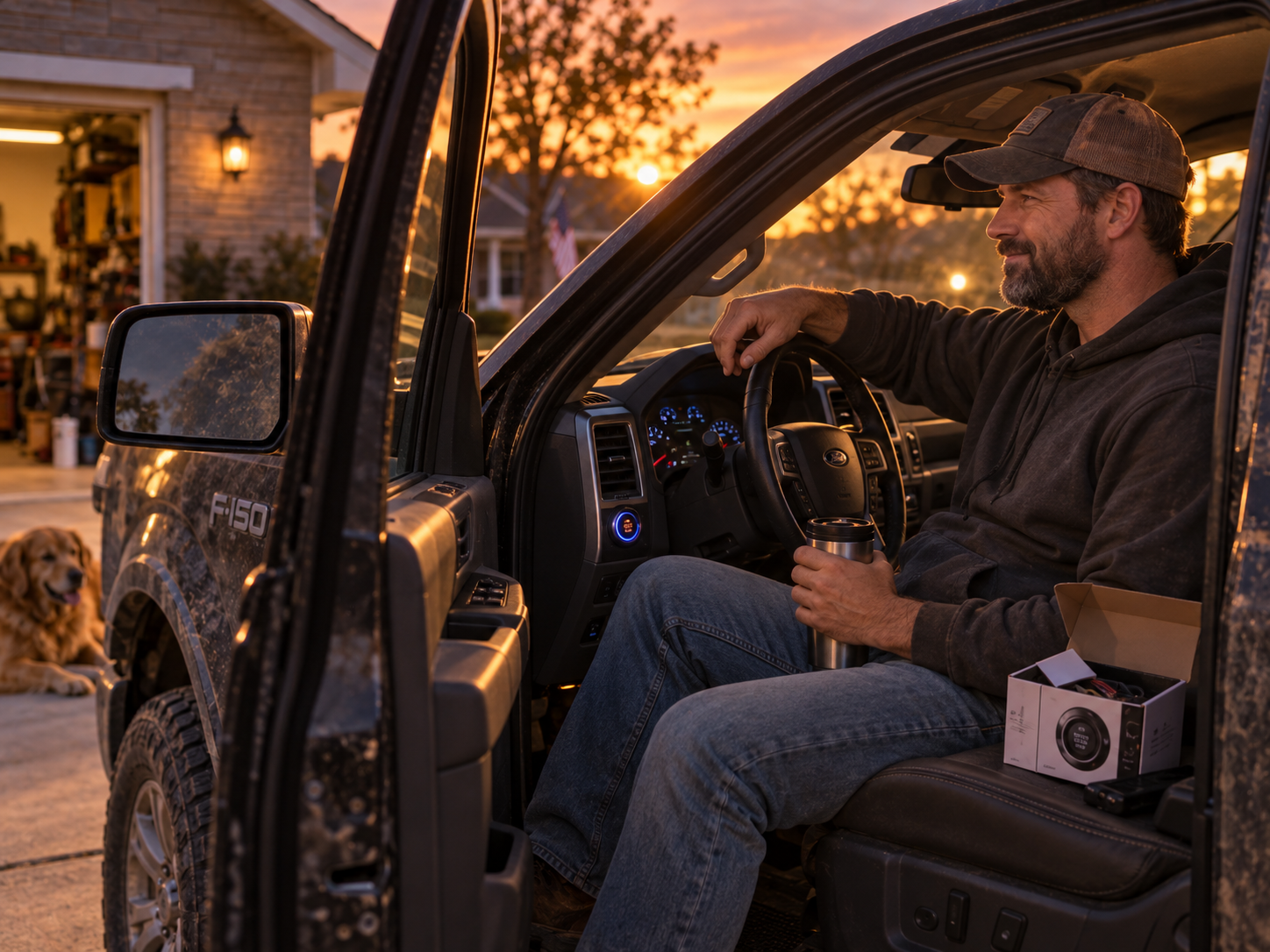 Owner relaxing in his upgraded old Ford F-150 at sunset after finishing the push start installation
