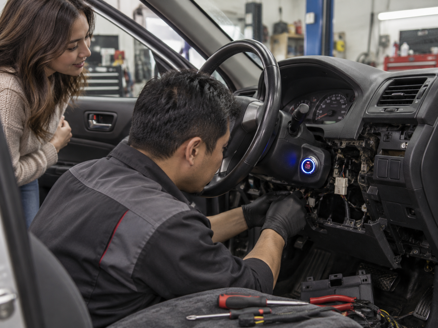 A technician installing a push button start system while a woman watches inside the workshop