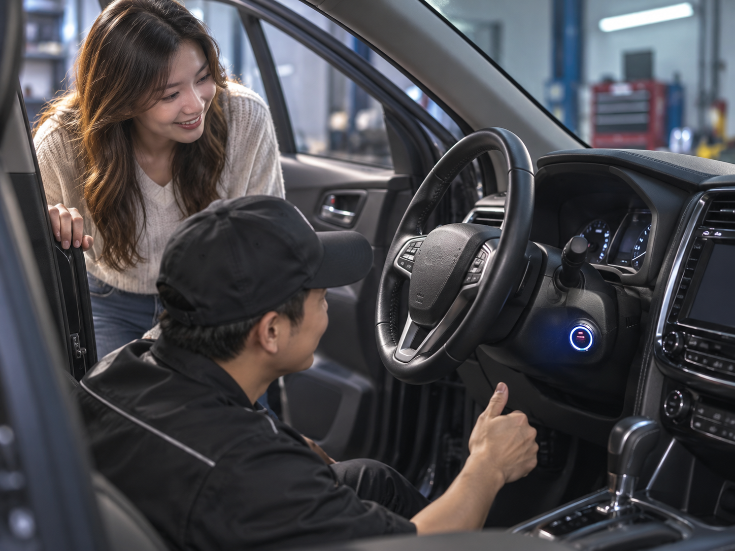 Workshop installation image focusing on a professional push button start retrofit in progress